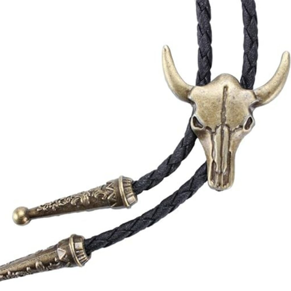 Bolo Tie Rodeo Cowboy Leather Necktie Western Necklace w‎ Cow Skull Pendant
